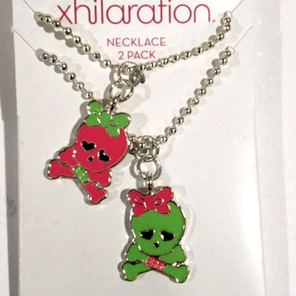 Xhilaration Silver Skull Charm Necklace Set Of 2 - Pink & Green Matching Jewelry